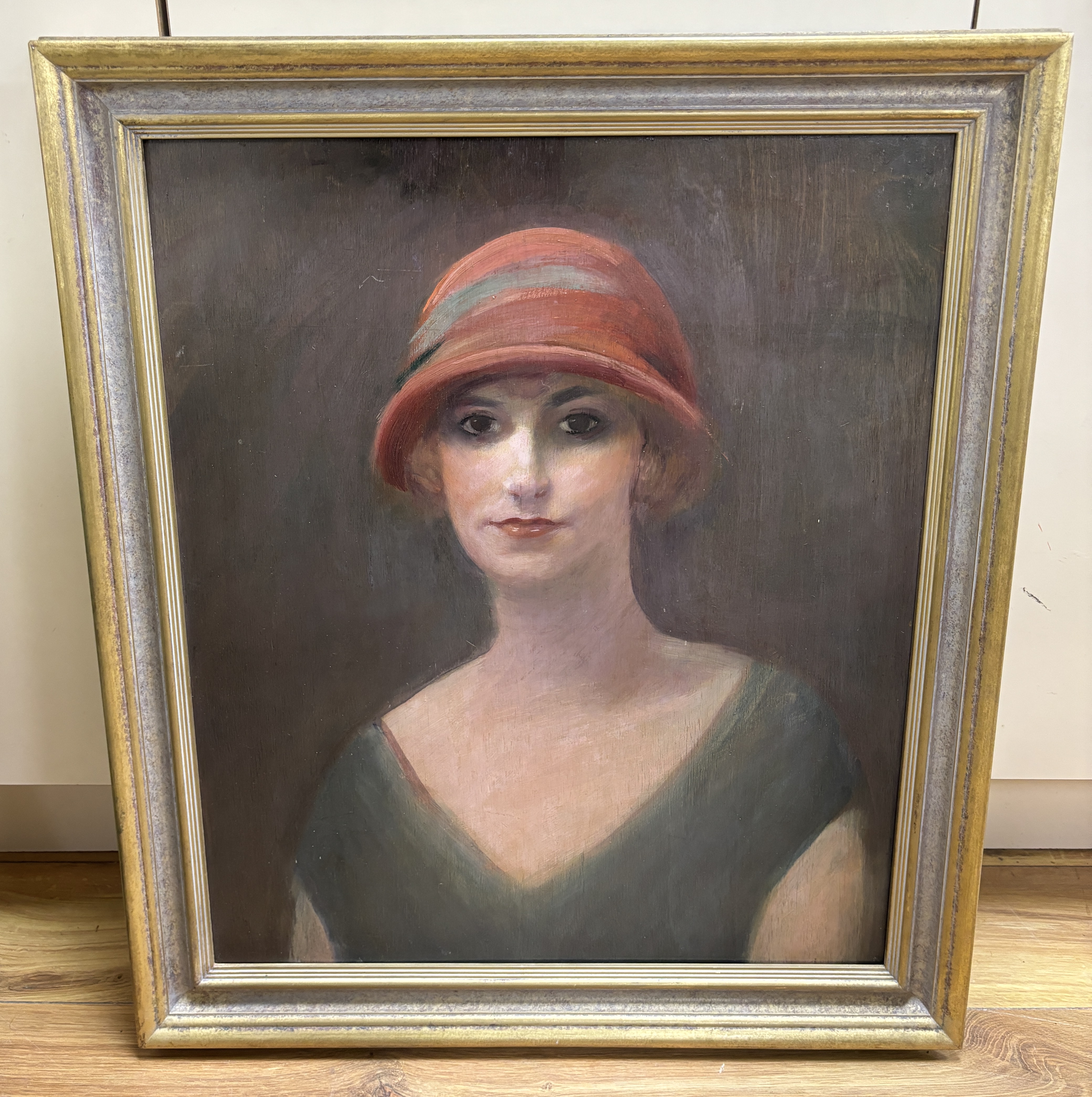 Oil on board, possibly Danish, Head and shoulders portrait of an Art Deco woman, 59 x 50cm